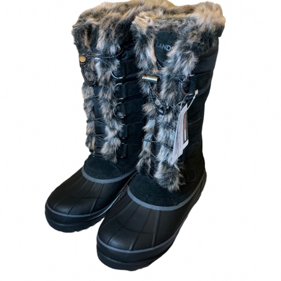 LANDSEND Black Hillary Snow Boots Rugged Warm Winter Faux Fur Trimmed Side Zip - Picture 5 of 6